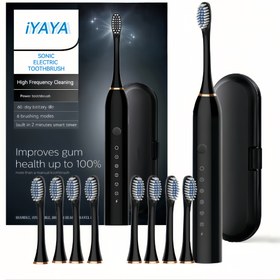 Resim Siyah Seri Ultra Beyazlatıcı Diş Fırçası - 8 Fırça Başlığı ve USB Şarjlı Diş Fırçası ve Elektrikli Diş Fırçası Seyahat Çantası ve 5V USB Duvar Şarj Cihazı - Yetişkin Elektrikli Diş Fırçası, Tatil Babalar Günü, Anneler Günü Hediyesi için harika bir hediye 