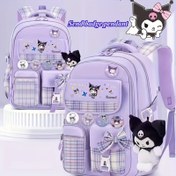 Resim Sanrio Sırt Çantası Seti - 4 Rozet ve Bir Kolye İçerir, Şık Mor İki Omuzlu Çanta Kuromi Stili Tasarımı, Okul, Günlük Kullanım ve Seyahat için Uygun 