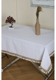 Resim Dnc Home Tekstil Beyaz Pamuk Keten Şerit Ponponlu Masa Örtüsü Beyaz 