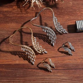 Resim Kadınlar için Melek Kanat Yüzük ve Tüy Bileklik Seti, Trendy Taşlı Takı Kombinasyonu, Zarif Boho El Takı Hediyesi, Moda Metalik Bileklik ve Yüzük 