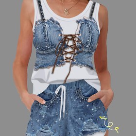 Resim Kadınlar için Taklit Denim Baskılı Yelek ve Şort Seti 
