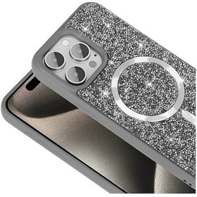 Resim Apple Uyumlu iPhone Adige İphone 15 Pro Max Uyumlu Kılıf Parlak Taşlı Pırlanta Mozaik Magsafe Özellikli Gri - 