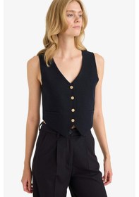 Resim DeFacto Crop V Yaka Keten Karışımlı Blazer Siyah Yelek C7798AX25SMBK81 