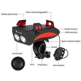 Resim Forte GT Bisiklet Işık çok fonksiyonlu 4 IN 1 400 lümen bisiklet kornası telefon tutucu Power bankası Ön ışık Xbyc 6139 Kırmızı 