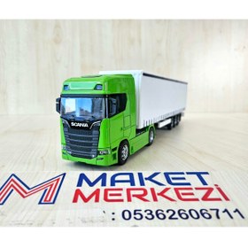 Resim Maket 33 cm uzunlukta 1/50 ölçek yeşil SCANIA 770S TIR MAKETİ (firma ismi yazılabilir) 