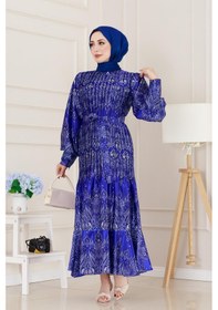 Resim Sevitli Piliseli Eteği Volanlı Saten Mona Elbise-saks Mavisi-5075 Saks Mavisi 
