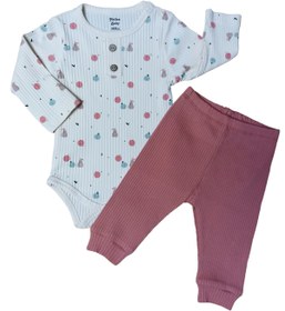 Resim MELİSA BEBE MEYVE BASKILI ALTTAN ÇITLI BEBEK 2Lİ TAKIM - Fitilli, Yuvarlak Yaka Çıtçıtlı Body ve Fitilli Alt 