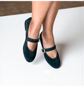Resim Ne&ve Shoes Koyu Yeşil Süet Hakiki Deri Yuvarlak Burunlu Tokalı Kadın Babet 