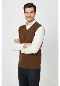 Resim Erkek V Yaka Süveter Çelik Örgü Regular Kalıp Bgl-st04839 Taba 
