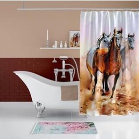 Resim Banyo Paspas Ve Tek Kanat Duş Perdesi 1x180x200 Set Banyo Halısı Horses 