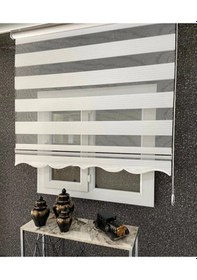 Resim Geniş Plise Ekru Beyaz Eteği Dilimli Stor Zebra Güneşlik Perde Alüminyum Kasa, Metal Ayak Beyaz 