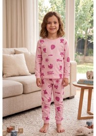 Resim Zuzunga Deniz Temalı Pembe Renk %100 Pamuk Kız Çocuk Pijama Takımı Pudra 