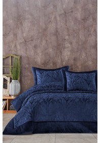 Resim Elart Elyaf Dolgulu Pano Kadife Çift Kişilik Yatak Örtüsü Takımı Lacivert 260 x 270 Lacivert 