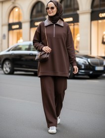 Resim Aselim Hijap Moda Oslo Comfort Set - Selanik Kumaş İkili Tesettür Takım Acıkahve 