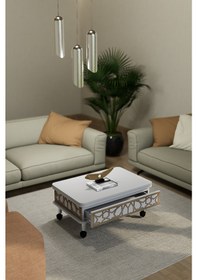 Resim Lisa Desenli Akıllı Sehpa Tekerli Çekmeceli, Sihirli Sehpa 