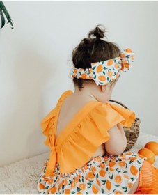 Resim ŞAPKAKİDS Kız Bebek Turuncu Portakal Desen Salopet Bandana Seti 