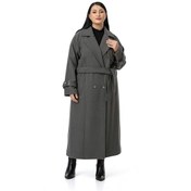 Resim Büyük Beden Deri Biye Detaylı Fleto Cepli Kuşaklı Astarlı Kaşe Uzun Gri Kaban Gri 