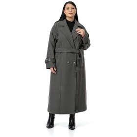 Resim Büyük Beden Deri Biye Detaylı Fleto Cepli Kuşaklı Astarlı Kaşe Uzun Gri Kaban Gri 