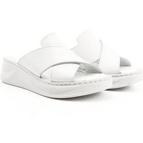 Resim Gönderi R Beyaz Çapraz Bantlı Dolgu Topuk Hakiki Deri Comfort Terlik Bej - Beyaz - Kırmızı 