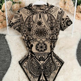 Resim Kadın Y2K İlhamlı Şeffaf Çiçek Desenli Jumpsuit - Kısa Kollu, Kolsuz, Tropikal Çiçek Tasarımı, Tüm Mevsim Modası, Kolsuz Jumpsuit | Çiçek Desenli Jumpsuit | Şeffaf Jumpsuit 