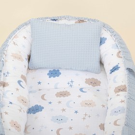 Resim Babynest ve Yastık - Çift Taraflı - Bebe Mavi Petek - Mavi Bulut 