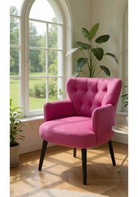 Resim Waterybrook Tekli Berjer Koltuk - Kapitoneli Babyface Kumaş - Siyah Ahşap Ayaklı - Retro Modern Tasarım Fusya 