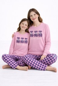 Resim Free Beka Toz Pembe Ayıcık Nakışlı Ve Kurdele Detaylı Termal Anne-Kız Pijama Takımı Kombini 