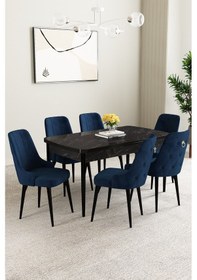 Resim Mabel Siyah Mermer Desen 80x132 Açılabilir Yemek Odası Takımı 6 Adet Sandalye Lacivert 