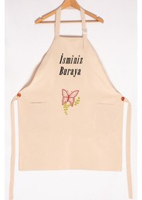 Resim Mutfak Önlüğü Kişiye Ve İsme Özel Nakışlı Mutfak Önlüğü Kelebek01 Farklı Renkler Krem 