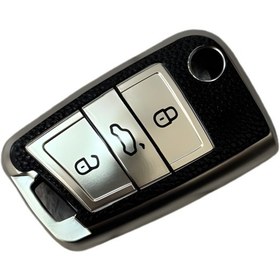 Resim Autohan Keys Volkswagen Golf 7, Golf 7.5, Tiguan, Polo, T-roc, T-cross İçin Lüks Anahtar Koruma Kılıfı, Siyah Deri Desenli 
