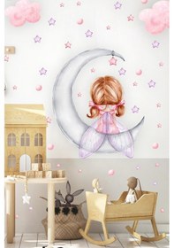 Resim MSticker Ayda Oturan Sevimli Kız Çocuk Odası Duvar Sticker Seti Yıldız Ve Puantiyeli 