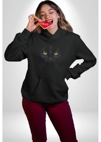Resim Siyah Kedi Kadın Erkek Siyah Kapüşonlu Sweatshirt Hoodie Siyah 