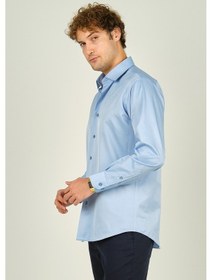 Resim Figs Erkek Slim Fit Uzun Kollu Pamuklu Parlak Kumaş Gömlek 0013 Mavi Mavi 
