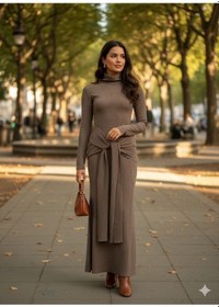 Resim Moderie Butik Kadın Uzun Kollubalıkçı Yaka Bürümcük Kumaş Kuşak Dahilkalem Elbise Sütlü Kahve 