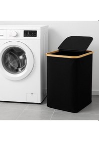 Resim Vichy Doğal Bambu Çerçeveli Katlanabilir Kirli Sepeti Kapaklı Ve Kumaş Gövdeli Çamaşır Sepeti Siyah Br-6706 Siyah 