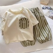 Resim 2 Adet Erkek Çocuk Rahat Yaz Kısa Kollu T-Shirt ve Çizgili Şort Takımı - Yumuşak Nefes Alabilen Kumaş, Yeşil Çizgili Bej, Plaj Tatilleri ve Açık Hava Oyunları İçin Mükemmel, Plaj Bebek Giysileri, Eğlenceli Bebek Kıyafeti, Rahat Bebek Giyim, Açık Hava İçin 