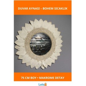 Resim 75 Cm Doğal Makrome Duvar Aynası Bohem Dekorasyon 1 Adet 