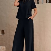 Resim 2 adet Kadın Rahat Giyim Seti - Yumuşak ve Rahat Kısa Kollu Üst, Cep Detaylı, Geniş Paça Pantolon, Ev, Plaj ve Tatil için Mükemmel, Tüm Mevsimler için Uygun, Rahat Fit Giyim|Azimli Tasarım|Cep Detaylı Üst 