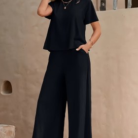 Resim 2 adet Kadın Rahat Giyim Seti - Yumuşak ve Rahat Kısa Kollu Üst, Cep Detaylı, Geniş Paça Pantolon, Ev, Plaj ve Tatil için Mükemmel, Tüm Mevsimler için Uygun, Rahat Fit Giyim|Azimli Tasarım|Cep Detaylı Üst 