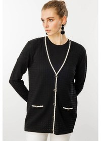 Resim Desen Triko Kadın Kare Örgülü Yazlık Triko Hırka 25355 Siyah Siyah 