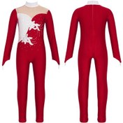 Resim Bordo Çocuk Kız Pırıltılı Payetli Aplike Rhinestone Unitard Uzun Kollu Tulum Artistik Patinaj Akrobasi Jimnastik Bordo 