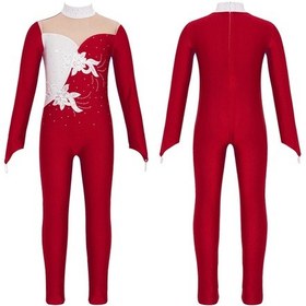 Resim Bordo Çocuk Kız Pırıltılı Payetli Aplike Rhinestone Unitard Uzun Kollu Tulum Artistik Patinaj Akrobasi Jimnastik Bordo 