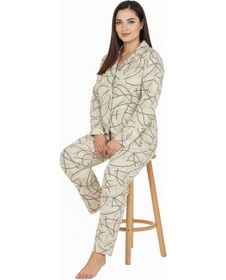 Resim Bravie Luxury Soft Ekru Çizgi Desenli Uzun Kollu Kadın Pijama Takımı Büyük Beden 3015 Ekru 