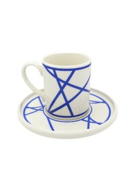 Resim Renkli Geometrik Çizgili 6 Kişilik Porselen Kahve Fincan Takımı Mavi 