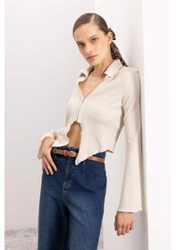 Resim Defacto Coool Fitted Basic Düz Agraf Kapamalı Bürümcük Uzun Kollu Gömlek C1889AX24AUER117 Ekru 