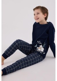 Resim Arnetta Erkek Çocuk Aile %100 Pamuk 4 Mevsim Uzun Kollu Ekoseli Pijama Takım Lacıvert 