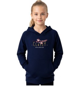 Resim Kanguru Cepli Kapüşonlu Kız Çocuk Sweatshirt Classy Yazı Baskılı Lacivert 