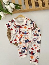 Resim Erkek Bebek Beyaz Kayık Desenli Pijama Takımı 