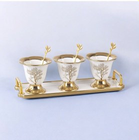 Resim Autumn Gold Detaylı Metal Kaşıklı Porselen 3'lü Dondurma Kase Seti Çerezlik Reçellik Sosluk 