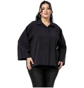 Resim Büyük Beden Düğme Ve Kol Detaylı Kısa Siyah Gömlek Siyah 